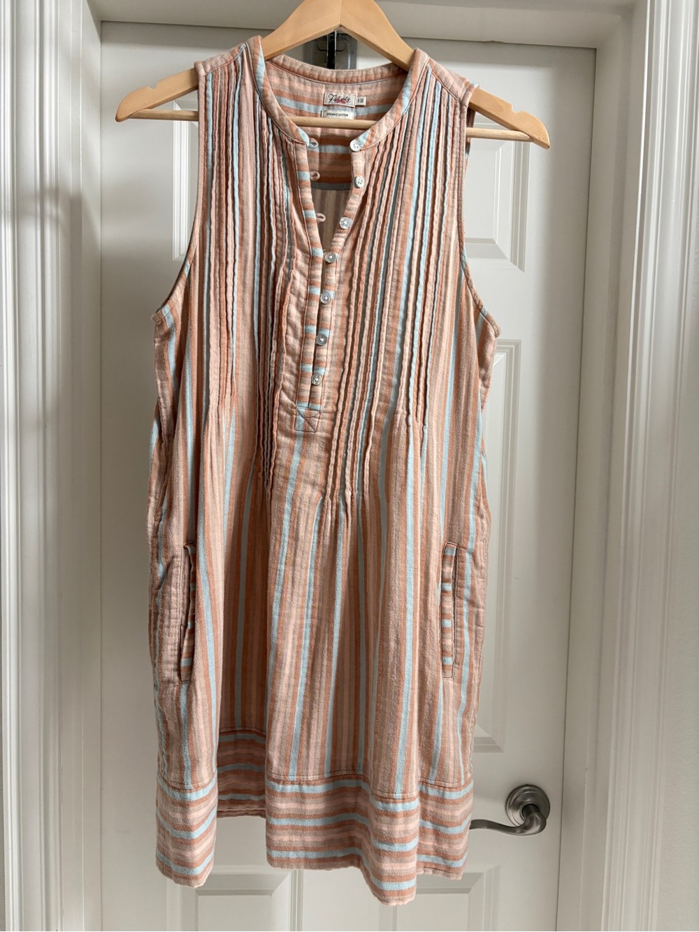 Faherty Isha Cotton Gauze Pintuck Mini Dress | Tan Stripe | S